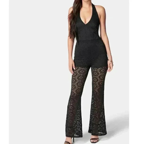bebe Pants - Bebe LACE V-Neck JUMPSUIT BLACK SIZE XS